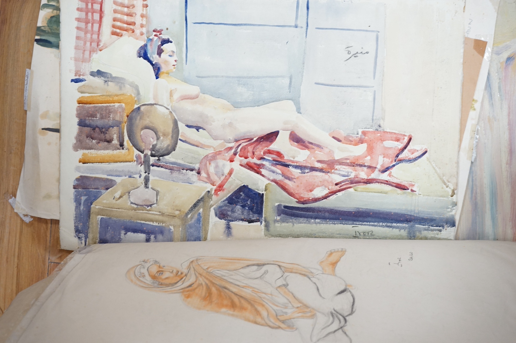 Ivor Beddoes (1909-1981), a folio of works to include oils and watercolours, some life drawings, portraits and studies of animals from Alexandria Zoo, some signed and dated, largest 38 x 59cm, unframed. Condition - varie